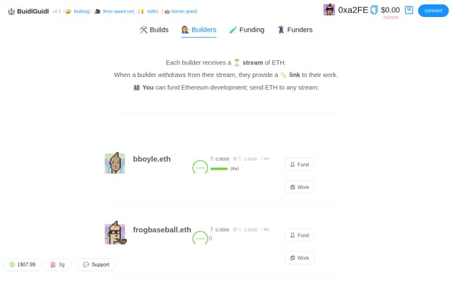 BuidlGuidl v2.2: the Builders tab, one row per builder with their own stream, its cap and refill progress