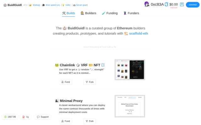 BuidlGuidl v2.2: the Builds tab listing what builders shipped, each with a screenshot and a Fund button