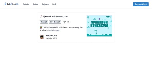 The v3 page for the SpeedRunEthereum.com build: its cover art, description, likes and the builder who submitted it