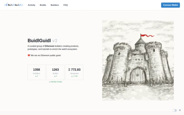 BuidlGuidl v3 home page with the castle drawing and counts of builders, builds and ETH streamed