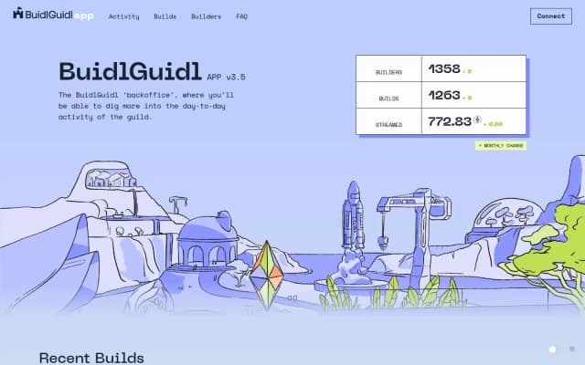 BuidlGuidl app v3.5 home page with the illustrated landscape and headline stats