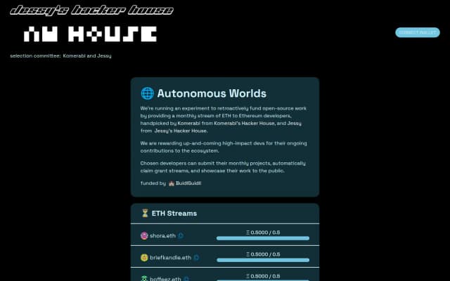 Autonomous Worlds site under Jessy's Hacker House, listing its builder streams