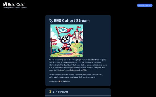 ENS cohort site with its illustrated card, rewarding devs building on ENS