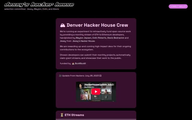 Jessy's Hacker House site: the Denver Hacker House Crew stream with a video update from the hackers