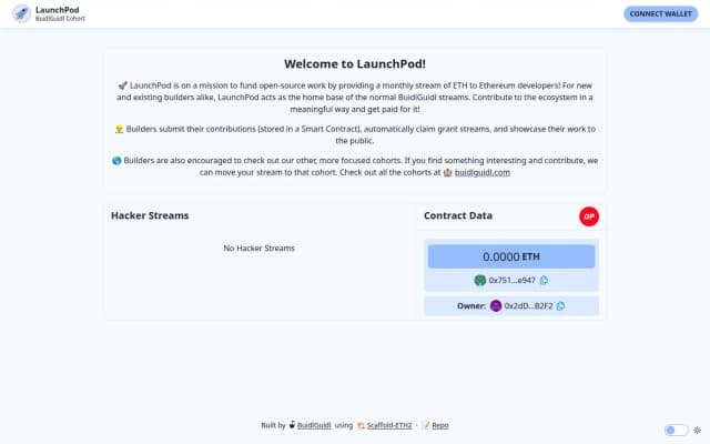 LaunchPod cohort site explaining monthly streams to open-source Ethereum developers