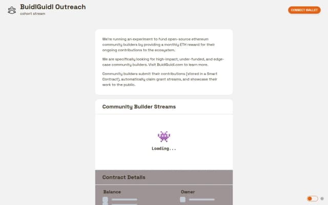 BG Outreach cohort site describing its monthly ETH reward for community builders