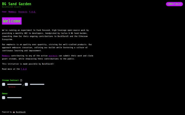Sand Garden cohort site in 2023: green terminal-style page funding a monthly UBI to handpicked open-source developers