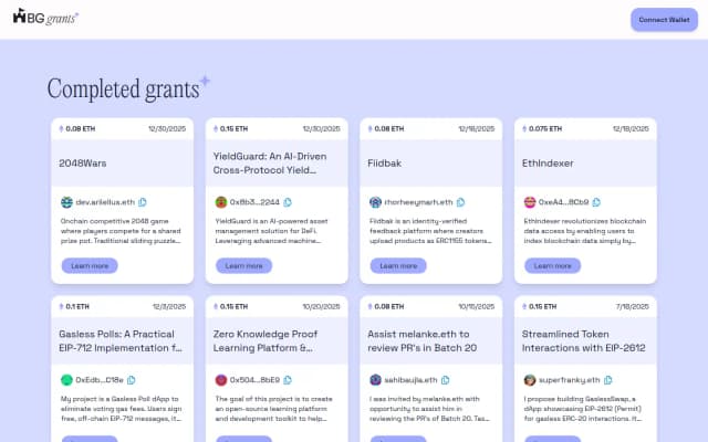 The completed grants page listing finished grants with their amounts and builders