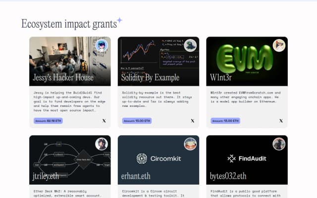 The ecosystem impact grants section of the grants site: cards for Jessy's Hacker House, Solidity By Example, W1nt3r and others with the ETH each received