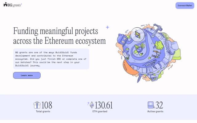 BG Grants home page: “Funding meaningful projects across the Ethereum ecosystem” with grant totals